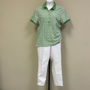 Talbots White Jeans with Green Polo Shirt